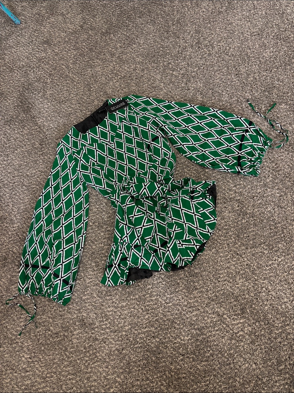 Ofuure romper NEW Green triangle check print African L bell sleeves boho chic
